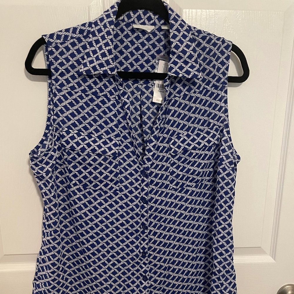 Blue and White Sleeveless Blouse